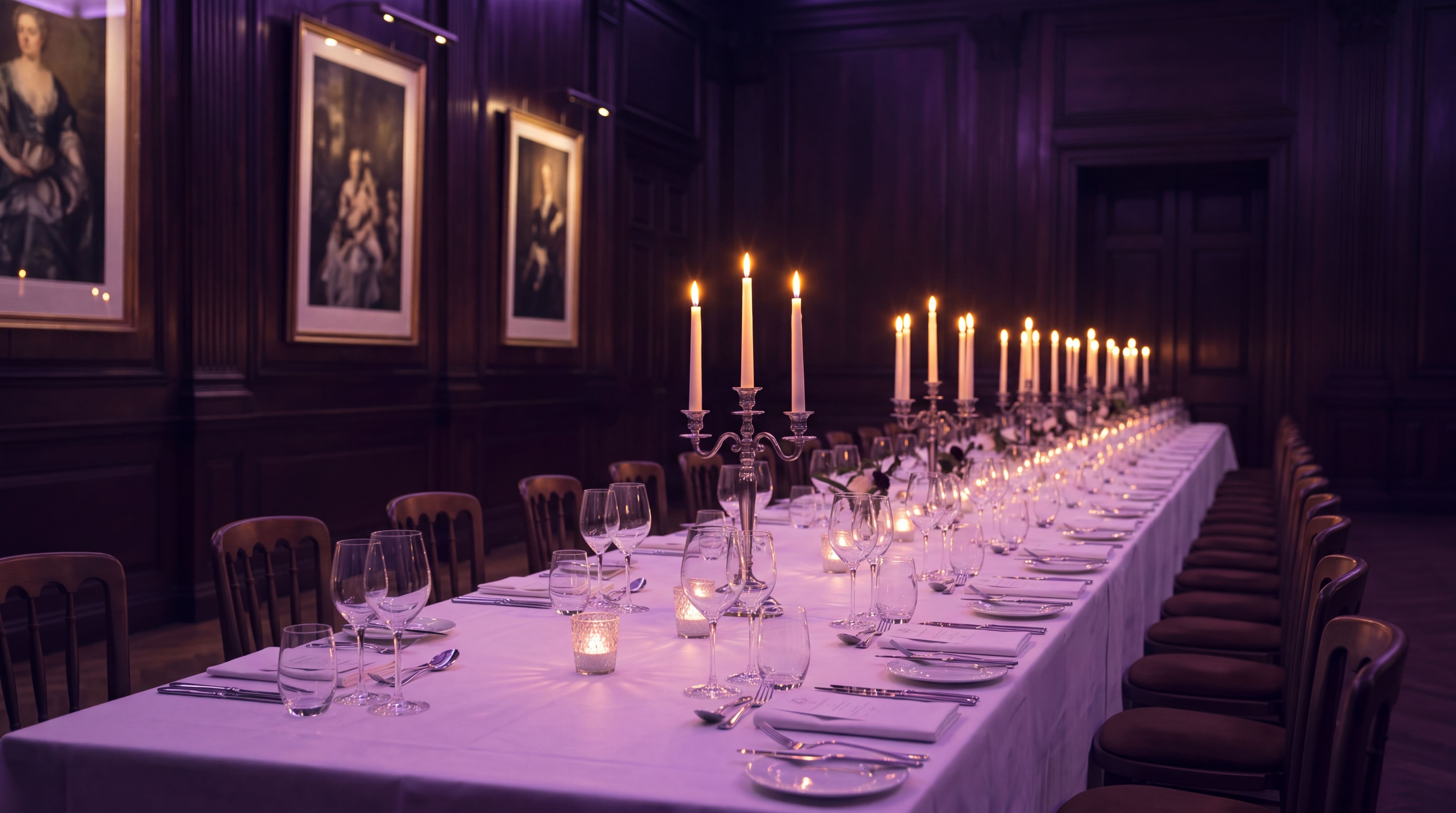 A candlelit dining room set for the evening